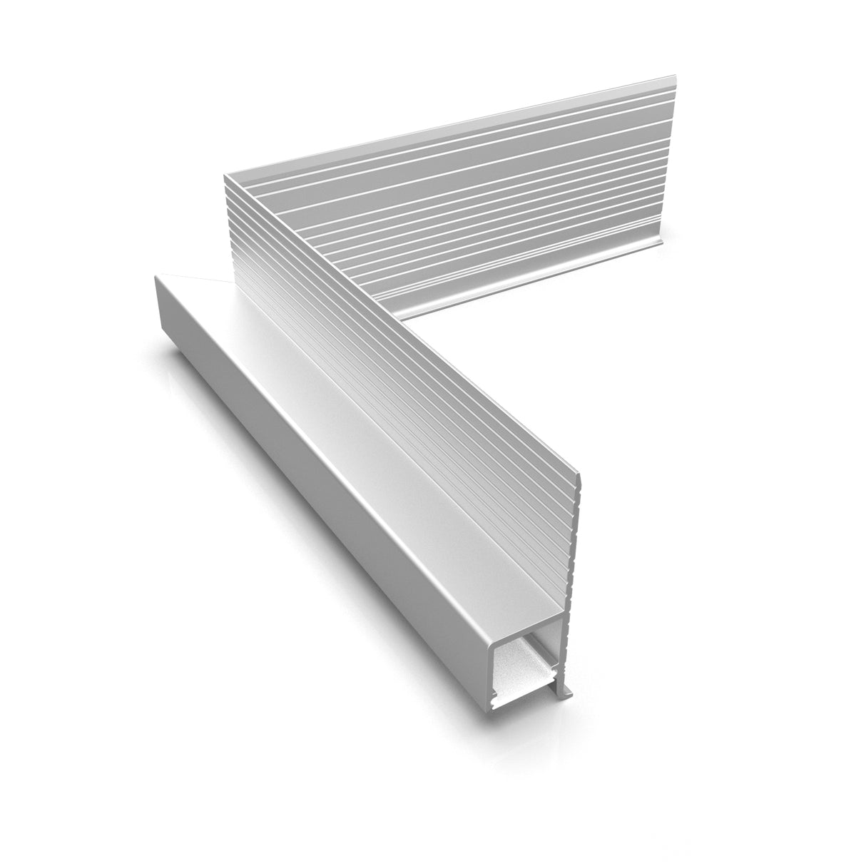 The Corner Connector for Omni10 Profile is a silver, L-shaped metal trim with a ribbed texture on one side, perfect as a corner joint for LED channels. Shown on a white background.