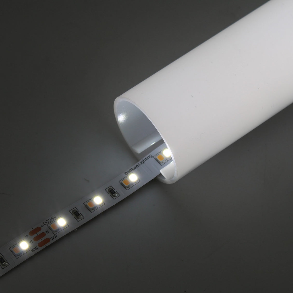 A High-CRI Tunable White IP20 LED Strip (24V) ~ Optimum Harmony Series is partially inserted into a white cylindrical tube, displaying illuminated LEDs outside the tube and demonstrating adjustable color temperature.