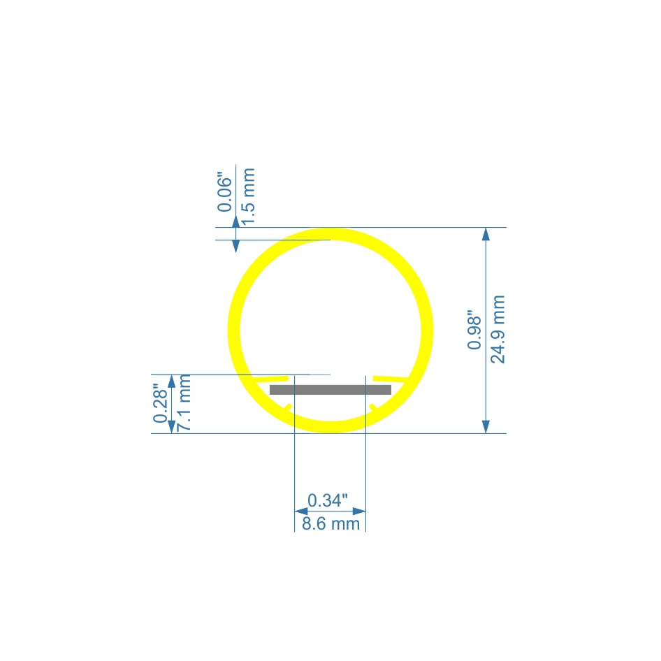 A yellow circular shape with inner notches and blue dimension lines showcases the compact Small Round Methacrylate LED Diffuser Tube ~ Model Oslo Mini: 0.98 in (24.9 mm) height, 0.34 in (8.6 mm) width, 0.28 in (7.1 mm), and 0.06 in (1.5 mm) thickness.