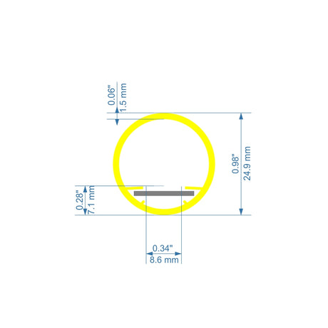 A yellow circular shape with inner notches and blue dimension lines showcases the compact Small Round Methacrylate LED Diffuser Tube ~ Model Oslo Mini: 0.98 in (24.9 mm) height, 0.34 in (8.6 mm) width, 0.28 in (7.1 mm), and 0.06 in (1.5 mm) thickness.