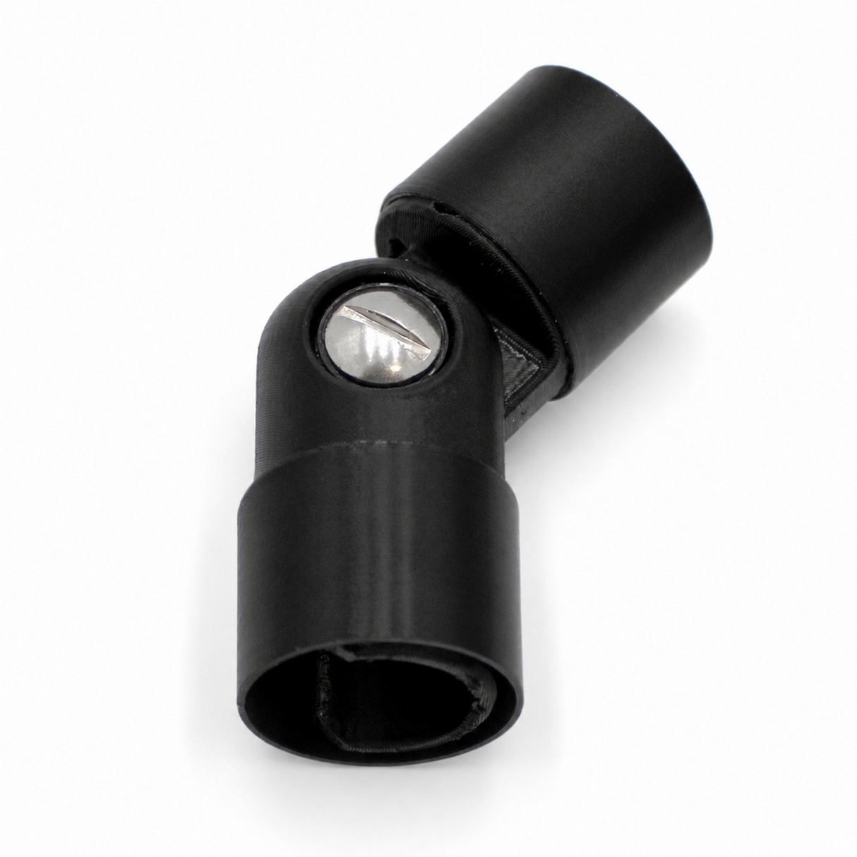 A Hinge for Oslo Mini Profile in black with a metal screw at the joint, enabling two cylindrical sections to rotate relative to each other—ideal for adjustable lighting hinge applications or integration within a diffuser tube system—isolated on a white background.