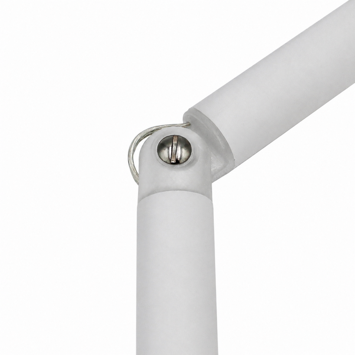 Close-up of the Hinge for Oslo Mini Profile, a white jointed component with an adjustable hinge and metal screw, shown against a white background.