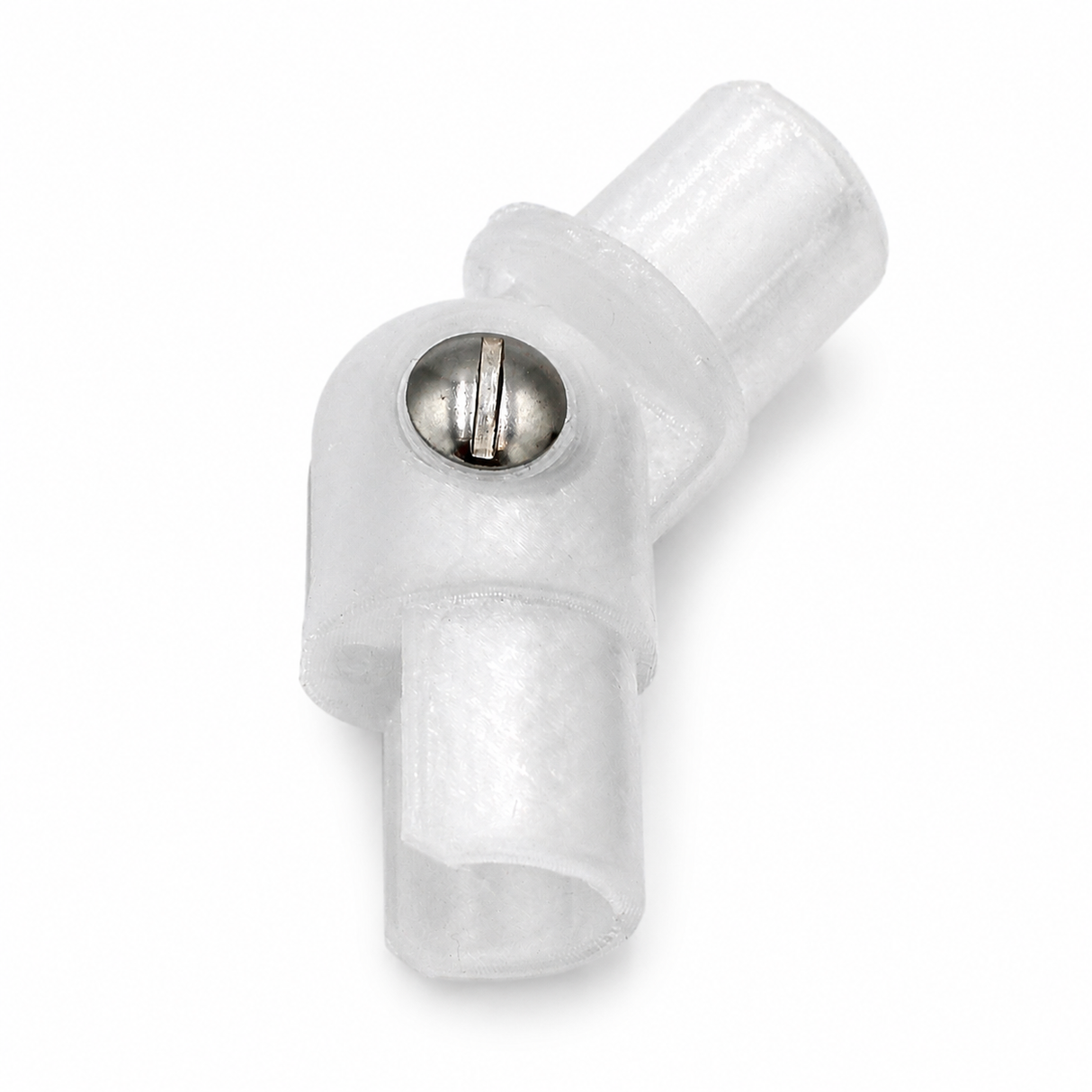 Clear Hinge for Oslo Mini Profile with adjustable joint and metal screw, shown on a white background. Designed for diffuser tube systems, it features two cylindrical ends joined at an angle.