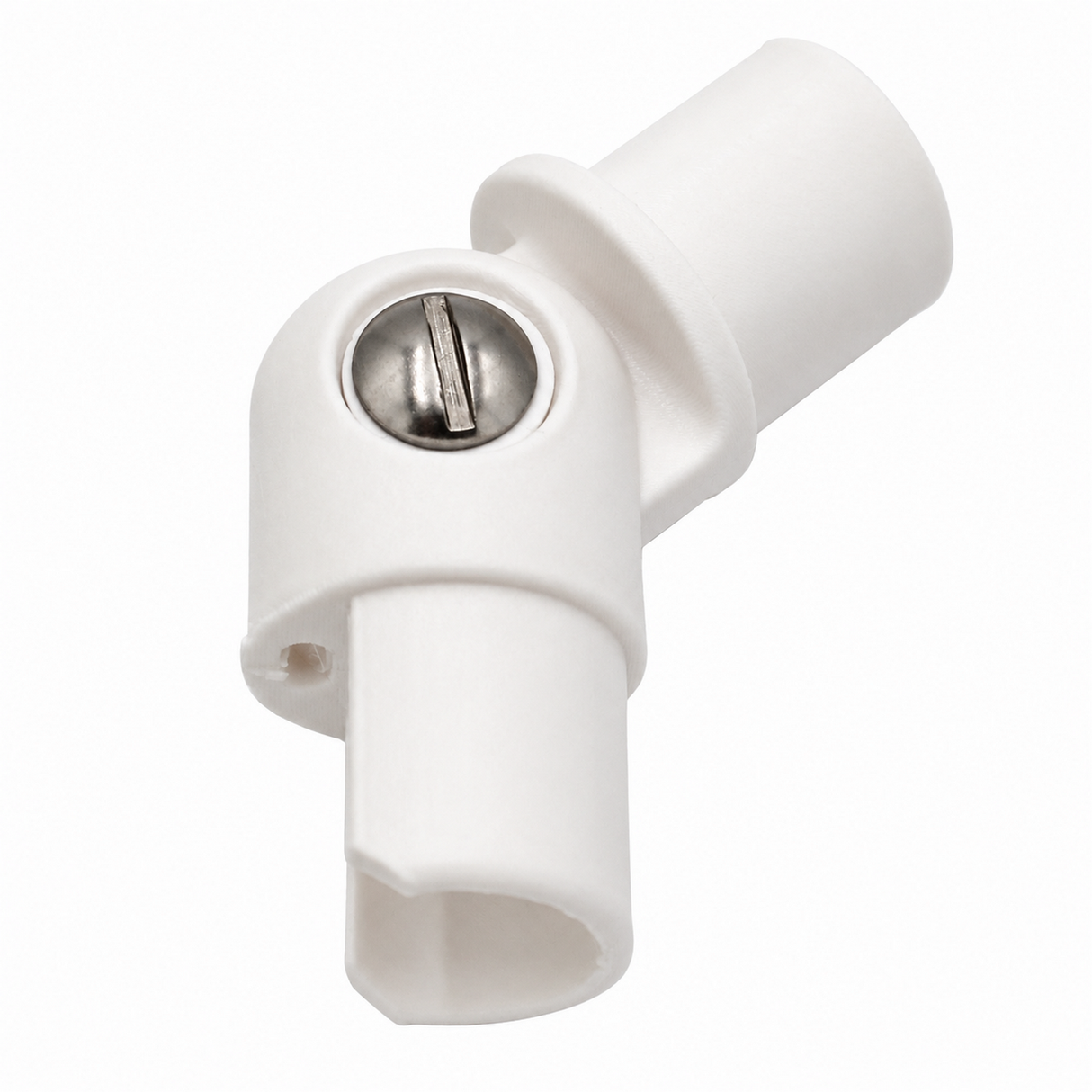 The Hinge for Oslo Mini Profile is a white plastic adjustable connector with a metal screw, designed to join two tubular parts at various angles—ideal for diffuser tube systems and compatible with OSLO MINI HINGE setups.