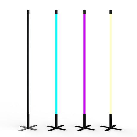 Four vertical RGBW LED Light Tube Posts from the Smokies38 Series, each with a black base, display blue, pink, and yellow colors while one remains unlit. Set against a white background for a vibrant showcase.