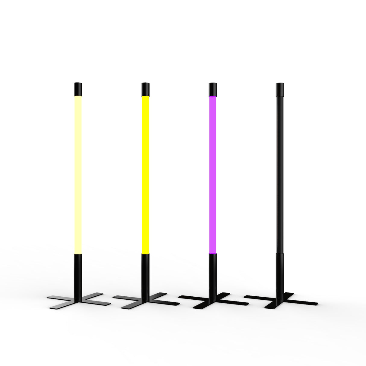Four RGBW LED Light Tube Posts from the Smokies38 Series are shown in a row on a white background. The upright poles display light yellow, yellow, purple, and black colors, resembling a vibrant LED post light display.