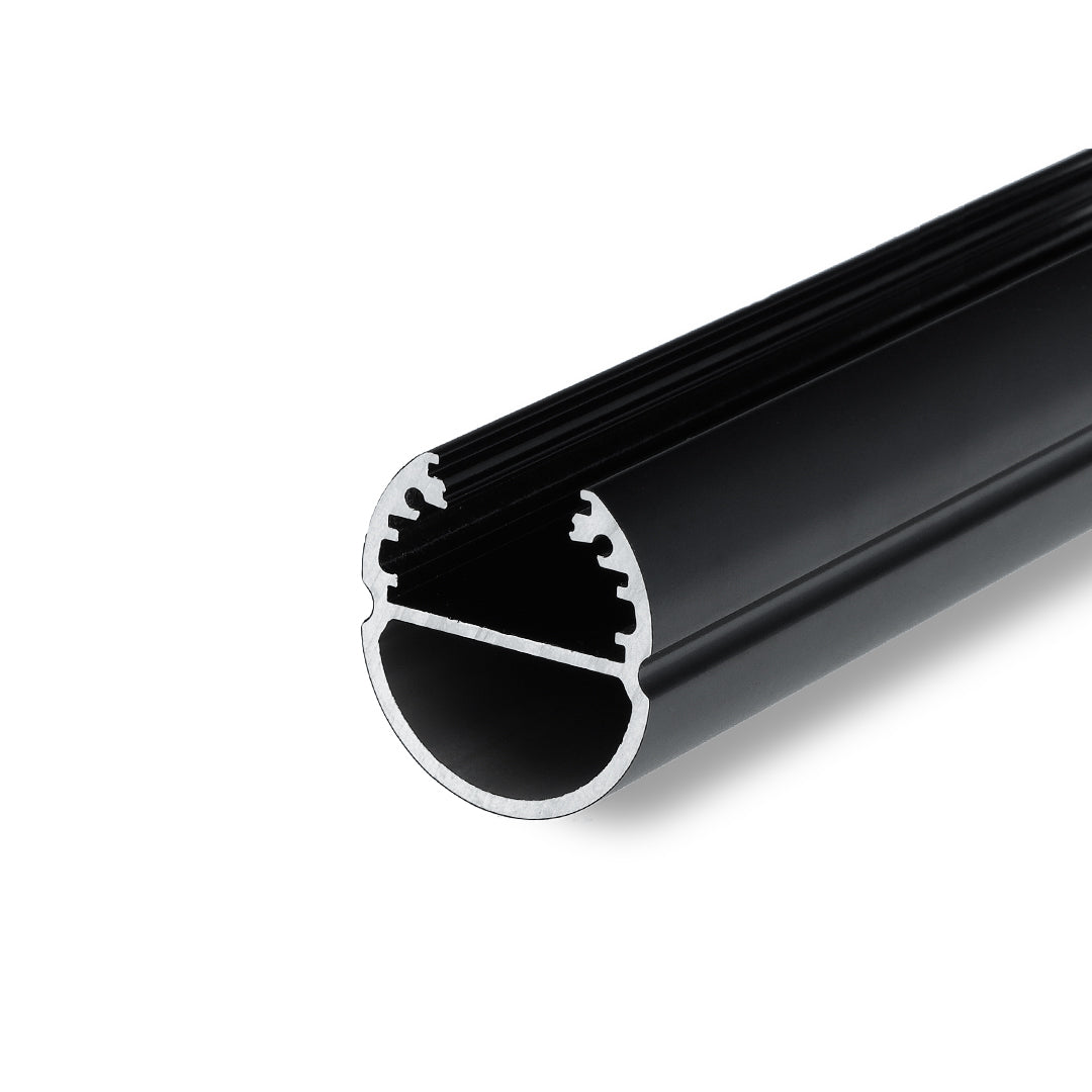 A close-up of the 1.1" Oval Wardrobe Rail Lighting LED Channel (Model Oval20), a black aluminum oval extrusion with a hollow center and detailed interior grooves.