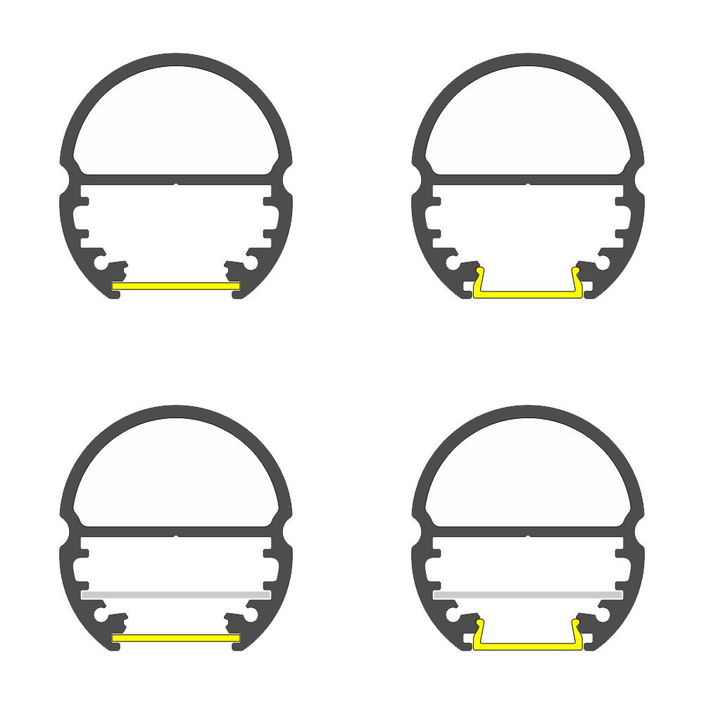 A diagram displays four cross-sections of the 1.1" Oval Wardrobe Rail Lighting LED Channel (Model Oval20), each highlighting different internal yellow sections to illustrate various structural configurations.