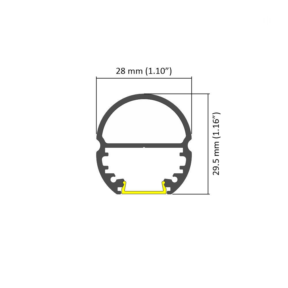 Technical drawing of the 1.1" Oval Wardrobe Rail Lighting LED Channel (Model Oval20), featuring a 28 mm wide x 29.5 mm tall circular cross-section with a highlighted yellow segment at the bottom—perfect for wardrobe LED lighting.
