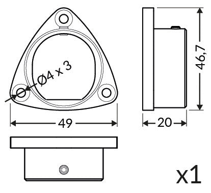 Technical drawing of Holder for Oval20 Profile—aluminum, triangular mounting flange with three 4 mm holes; dimensions: 49 mm wide, 46.7 mm tall, 20 mm deep. Includes side and front views with measurements; quantity: x1.