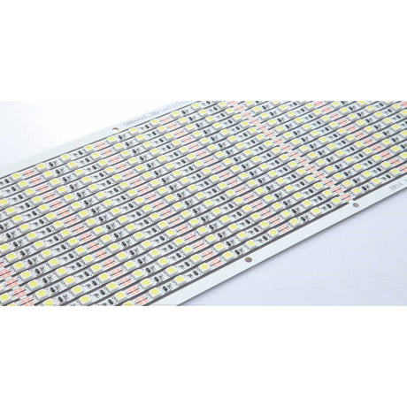 A close-up of the 7.2w PCB Narrow Rigid LED Bar shows its energy-efficient panel with rows of multicolored rectangular LED chips mounted on a white circuit board, similar to a linear grow light.