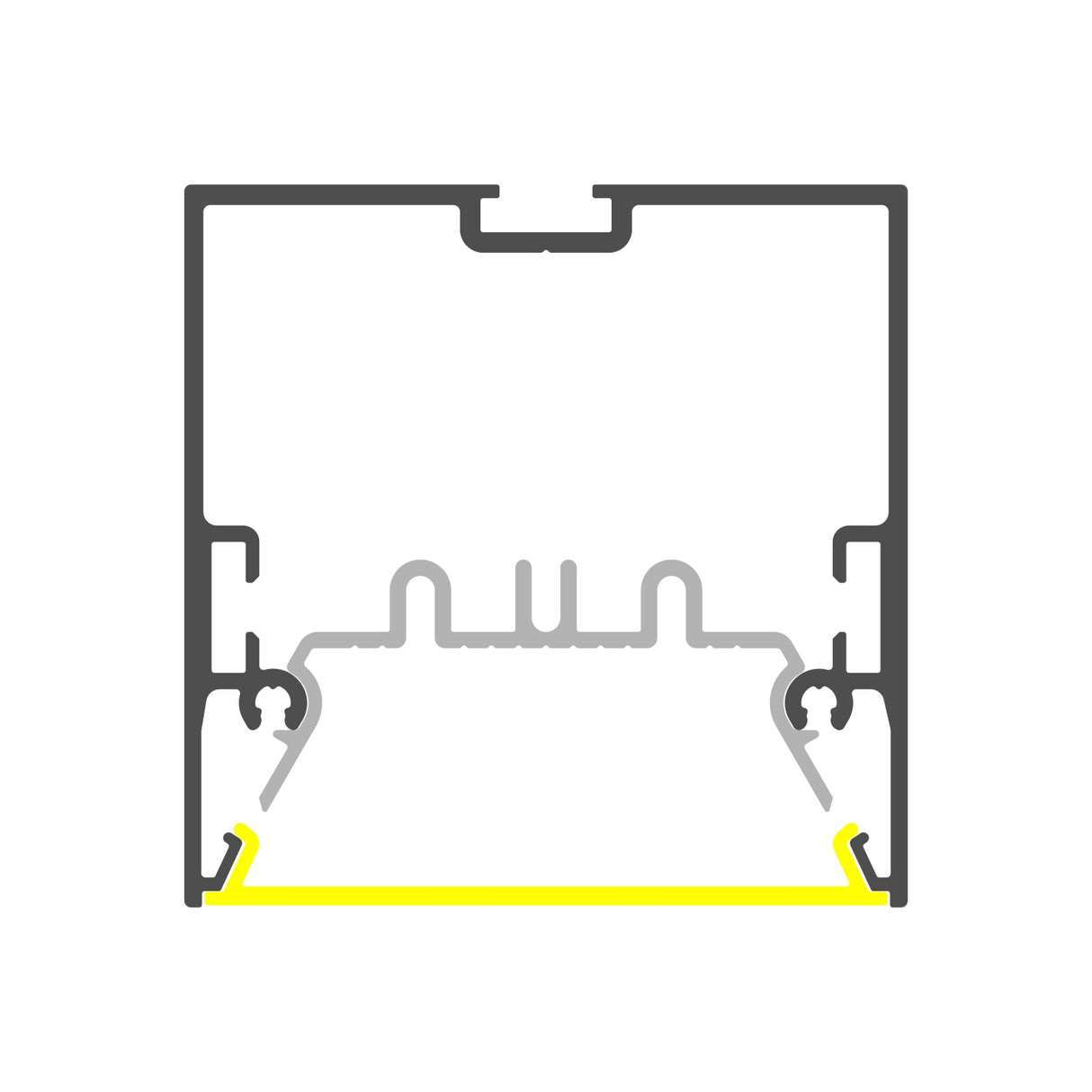 Cross-section diagram of the 2 Suspended/Surface Mount Ceiling LED Strip Channel (Model Phil.v2) shows a rectangular aluminum profile with black outline, yellow-highlighted base, and visible gray grooves—ideal for commercial lighting.