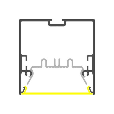 Cross-section diagram of the 2 Suspended/Surface Mount Ceiling LED Strip Channel (Model Phil.v2) shows a rectangular aluminum profile with black outline, yellow-highlighted base, and visible gray grooves—ideal for commercial lighting.