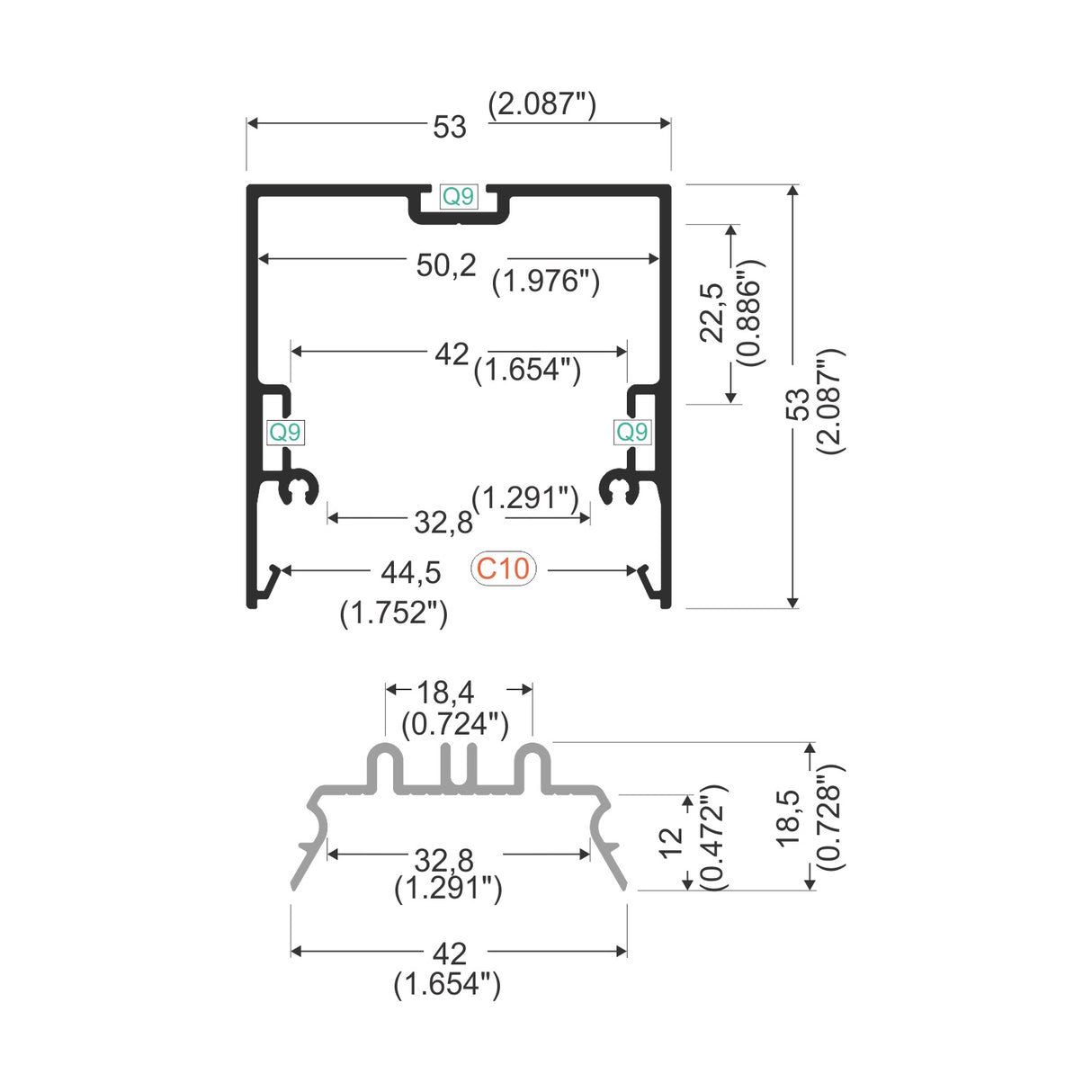 Technical drawing of the 2 Suspended/Surface Mount Ceiling LED Strip Channel (Model Phil.v2) displays cross-sections with labeled dimensions in mm and inches, showing internal widths, heights, and notations for commercial lighting.