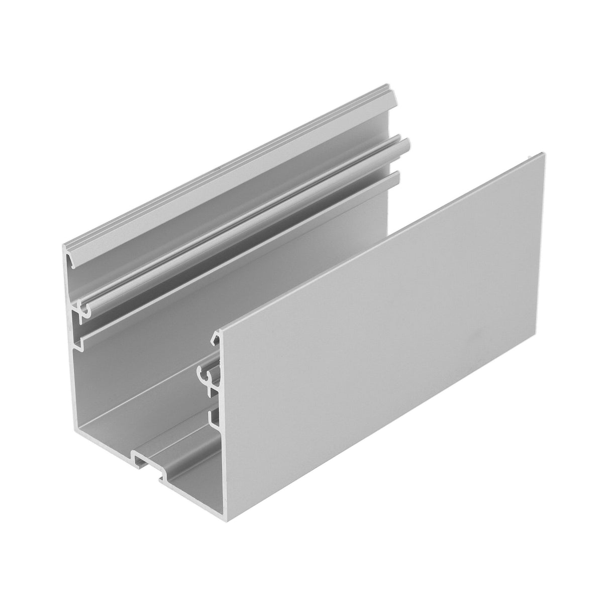 The 2 Suspended/Surface Mount Ceiling LED Strip Channel (Model Phil.v2) is a silver aluminum rectangular extrusion with multiple internal channels and edge grooves, perfect as an LED profile for commercial lighting or framing.