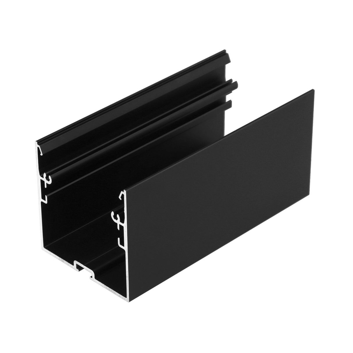 The 2 Suspended/Surface Mount Ceiling LED Strip Channel (Model Phil.v2) is a black, rectangular aluminum profile with an open slot and internal grooves, ideal for construction, framing, or commercial lighting.