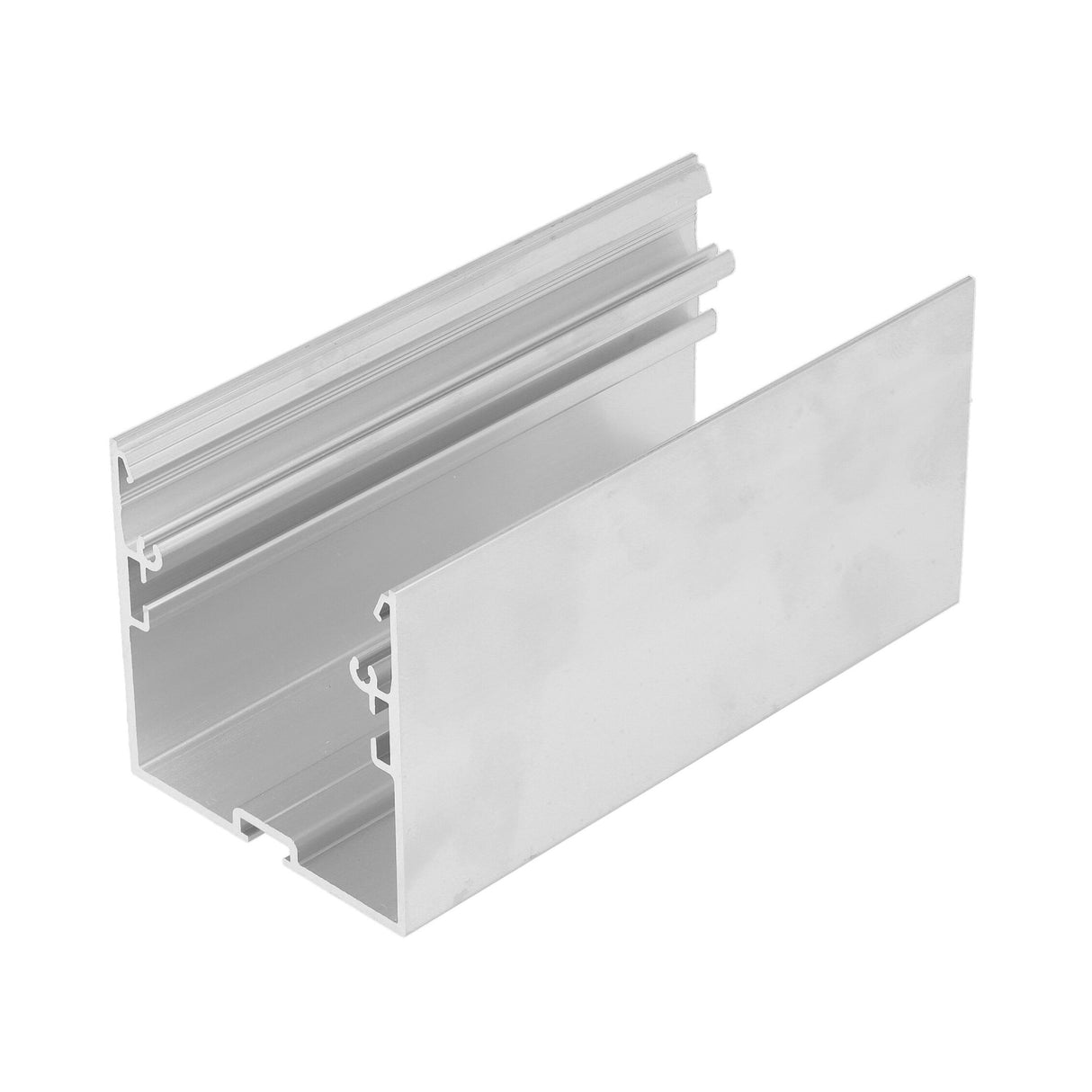 The 2 Suspended/Surface Mount Ceiling LED Strip Channel (Model Phil.v2) is a rectangular silver aluminum profile with multiple internal grooves and a flat side, ideal for commercial lighting and framing applications.
