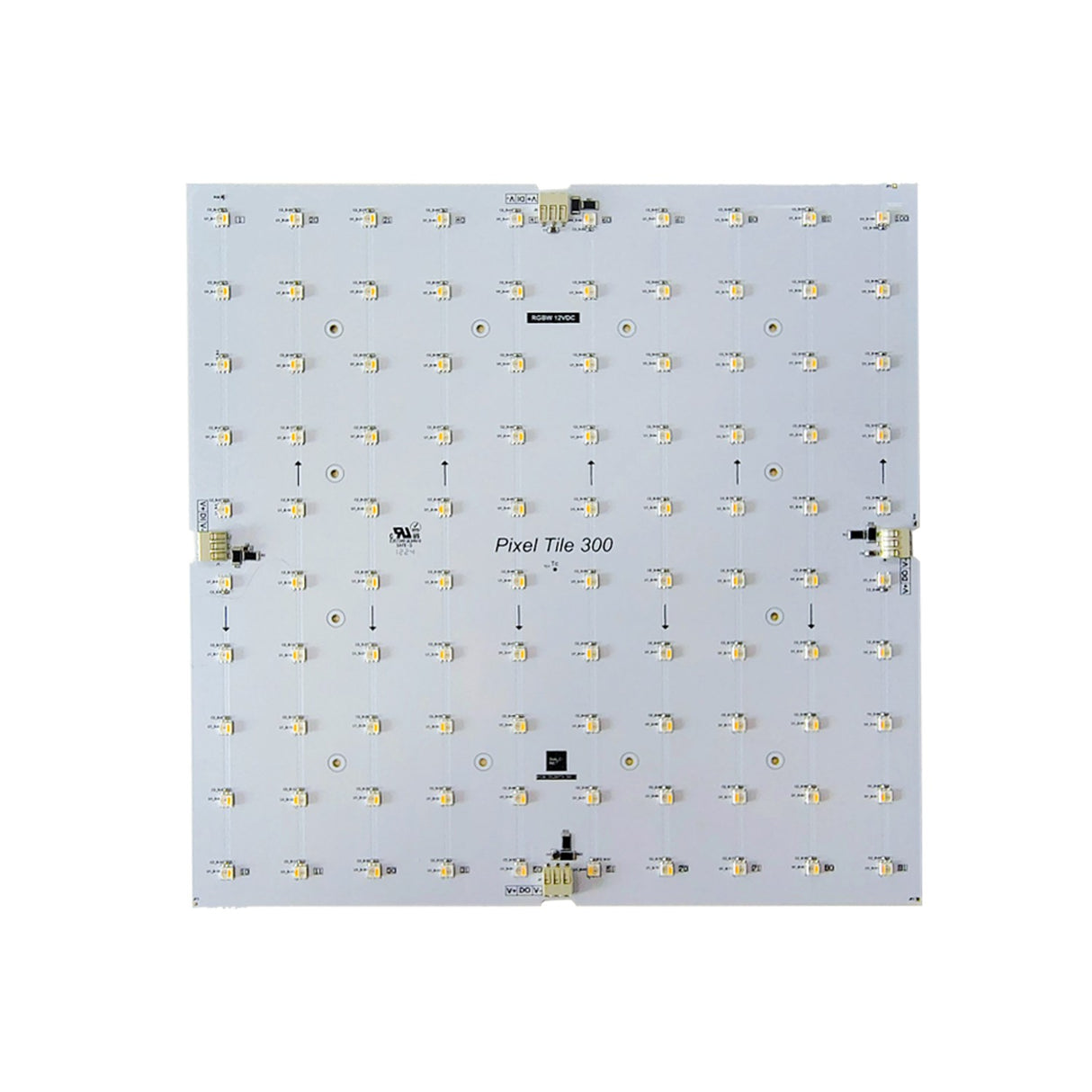 The SPI Pixel Tile RGBW Programmable LED Module (Dalcnet PIXEL-TILE-300-RGBW-12) is a square panel featuring a grid of evenly spaced, programmable RGBW LEDs and connection points on a white background, using SPI communication.