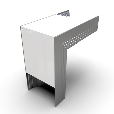 A modern table inspired by the PLW80N Profile, featuring a glossy white top, sleek silver sides, and geometric design. Supported by two broad legs joined with a 90 Degree Connector for the PLW80N Profile.