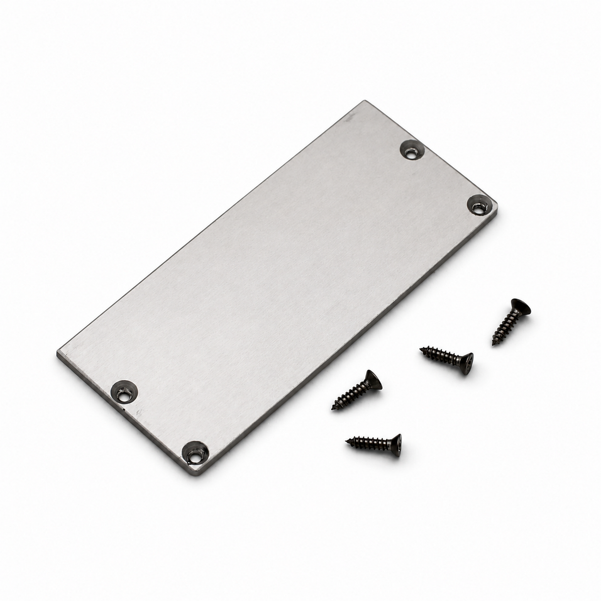 An aluminum end cap for the PLW80N LED profile, without a cable hole, featuring four corner holes, is positioned beside four black screws on a white background.