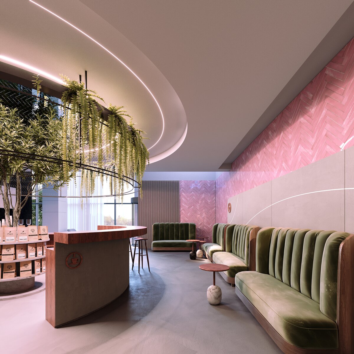 Modern lounge with green velvet sofas, pink chevron wall, curved wooden counter, round tables, potted plants, and a circular planter with hanging greenery under a ceiling featuring KOZEL-10-BD bendable LED lighting channels.
