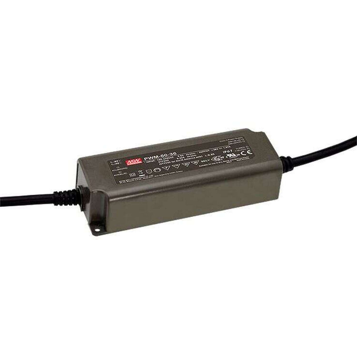 The Meanwell PWM Series Single Output LED Constant Voltage Driver (24V) is a rectangular black AC-DC unit with attached black input/output cables, an IP67 waterproof rating, and a labeled top surface showing technical specs and symbols.
