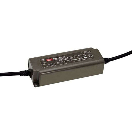 The Meanwell PWM Series Single Output LED Constant Voltage Driver (24V) is a rectangular black AC-DC unit with attached black input/output cables, an IP67 waterproof rating, and a labeled top surface showing technical specs and symbols.