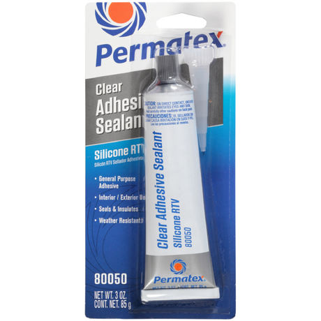 The Permatex RTV Silicone Adhesive, 3 oz tube, is pictured in its packaging. It features a waterproof formula for general purpose bonding, sealing, and weather resistance, and comes with a small applicator tip for easy use.