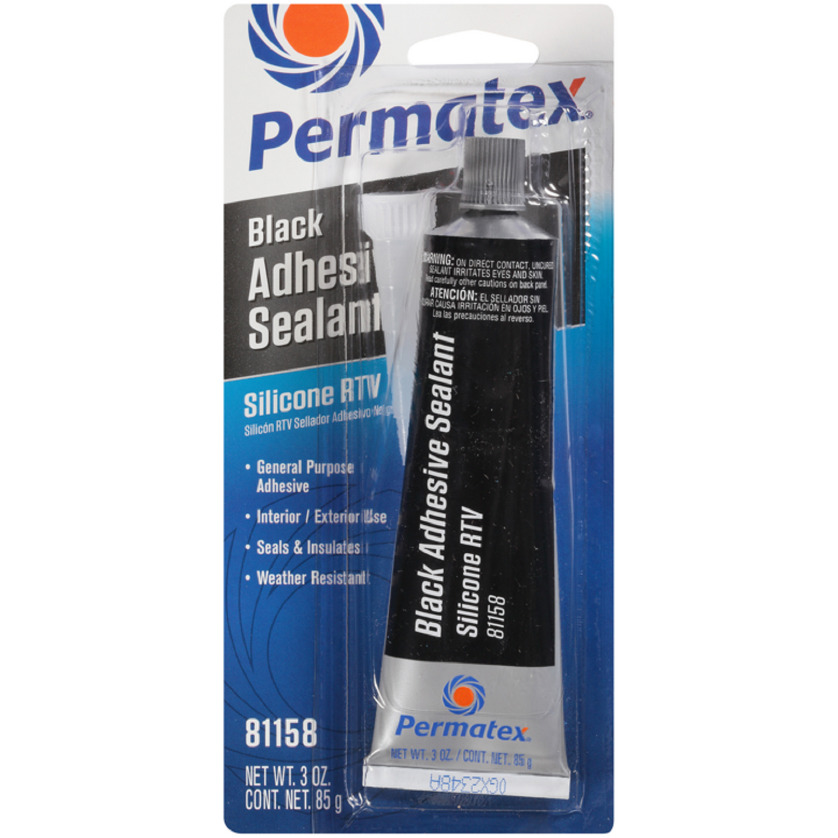 A 3 oz (85 g) tube of Permatex RTV Silicone Adhesive, product 81158, for general-purpose use. Designed for sealing, insulating, and waterproofing jobs.