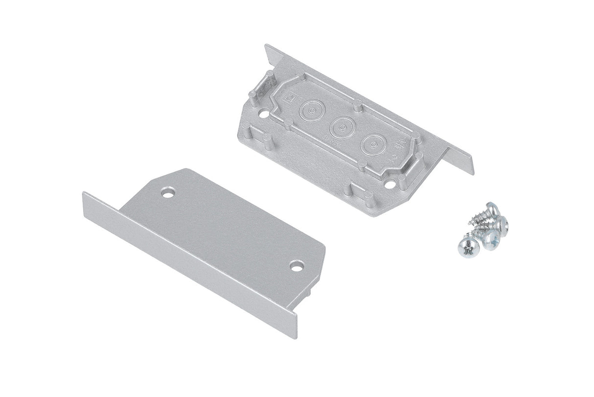 End Cap for Phil.v2 Recessed Profile lighting fixture: includes two silver metal plates (one with raised edges and rectangular cutout, one flat with angled ends) and three small screws, all shown on a white background.