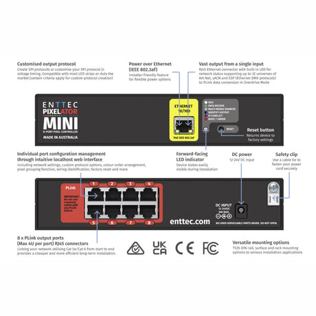 The rear panel of the 16-Universe eDMX to SPI LED Pixel Converter ~ Enttec Pixelator Mini features labeled Ethernet, DC power, reset button, safety clip, and 8 Plink outputs for easy LED pixel control and PLink system setup.