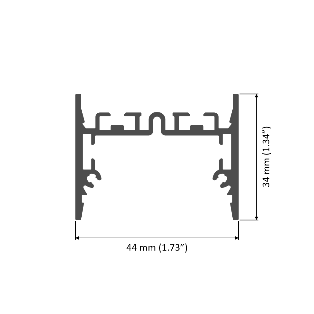 Technical drawing of a cross-section of the 1.73″ Suspended/Surface Mount LED Channel ~ Model Pixel33-01, showing labeled dimensions: width 44 mm (1.73″) and height 34 mm (1.34″).