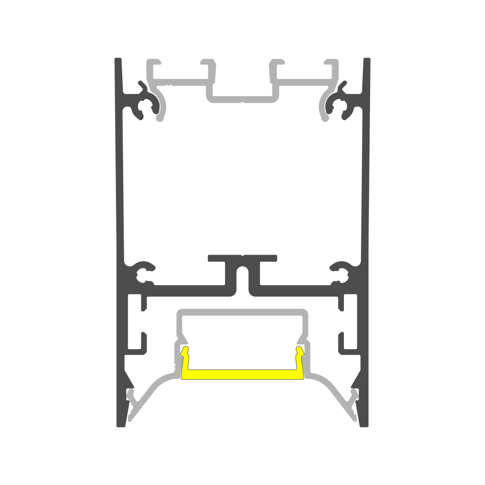 A cross-section of a window or door frame shows a yellow-highlighted area near the bottom center, featuring the 1.76″ Suspended/Surface Mount LED Channel ~ Model Pixel33-02 as part of the internal structure.
