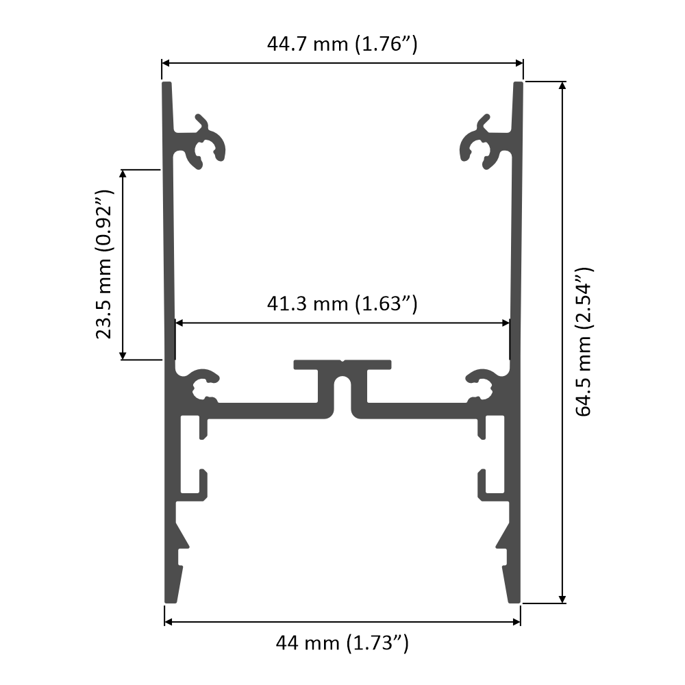 Technical diagram showing a cross-sectional profile of the 1.76″ Suspended/Surface Mount LED Channel ~ Model Pixel33-02 with labeled dimensions: 44.7mm top width, 23.5mm height, 41.3mm inner width, 44mm base width, and 64.5mm total height.