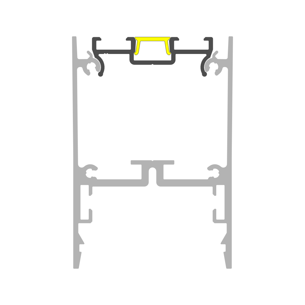 Cross-section diagram of a Complementary Profile ~ Model Pixel33-03 aluminum profile for a power supply enclosure, featuring an internal yellow mounting channel.