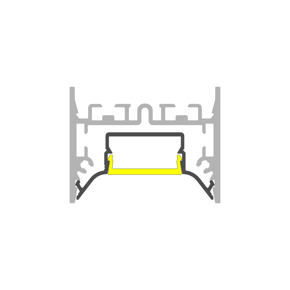 Cross-section diagram of a Complementary Profile ~ Model Pixel33-04 LED profile, showing a U-shaped metal mounting channel with an inner yellow light-diffusing cover for reduced glare lighting.