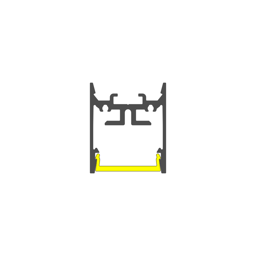 Cross-section of a 1″ Suspended/Surface Mount LED Channel ~ Model Pixy20-01 featuring a yellow diffuser strip at the bottom.