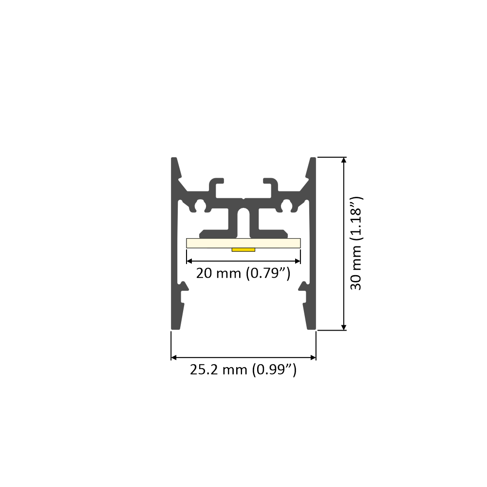 Cross-section diagram of the 1″ Suspended/Surface Mount LED Channel (Model Pixy20-01), with labeled dimensions: 30 mm (1.18″) height, 25.2 mm (0.99″) width, and 20 mm (0.79″) inner width—ideal for linear lighting applications using an aluminum LED channel.