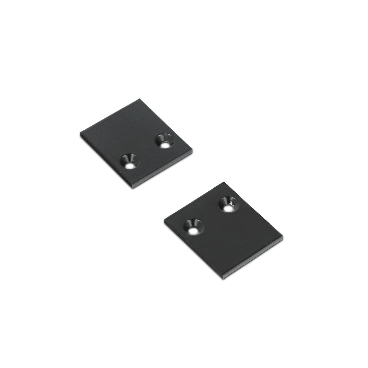 Two small, square, black End Caps for Pixy20-02 Profile, each featuring two countersunk holes, are placed on a white background.