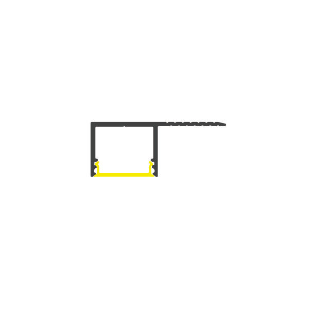 A black and yellow line drawing displays the Plaster-In Trimless Plasterboard Border LED Profile, Model Plane14-Side, featuring a square shape with horizontal extension and jagged right edges, centered on a white background.