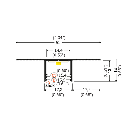 Technical drawing of the Plaster-In Trimless Plasterboard LED Profile ~ Model Plane14-In floor cross-section shows width, height, and labeled sections in mm/inch—ideal for main or decorative lighting applications.
