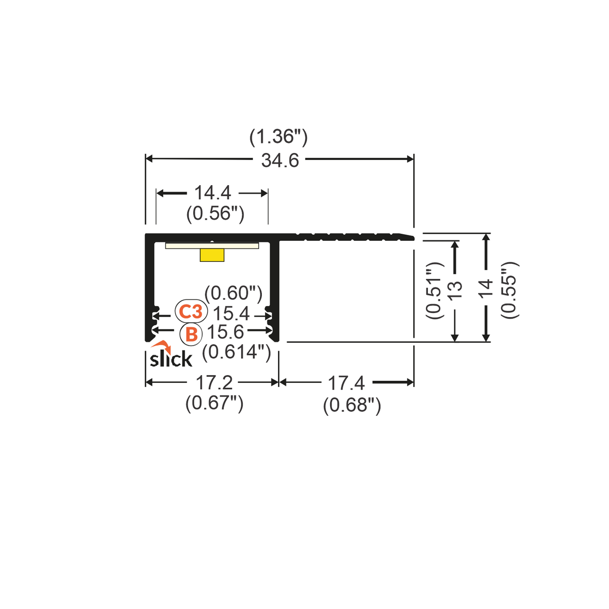 Technical diagram of the Plaster-In Trimless Plasterboard Border LED Profile ~ Model Plane14-Side: rectangular black LED extrusion, labeled dimensions (in/mm), components C3 and B indicated, slick on lower left—ideal for trimless plasterboard installs.