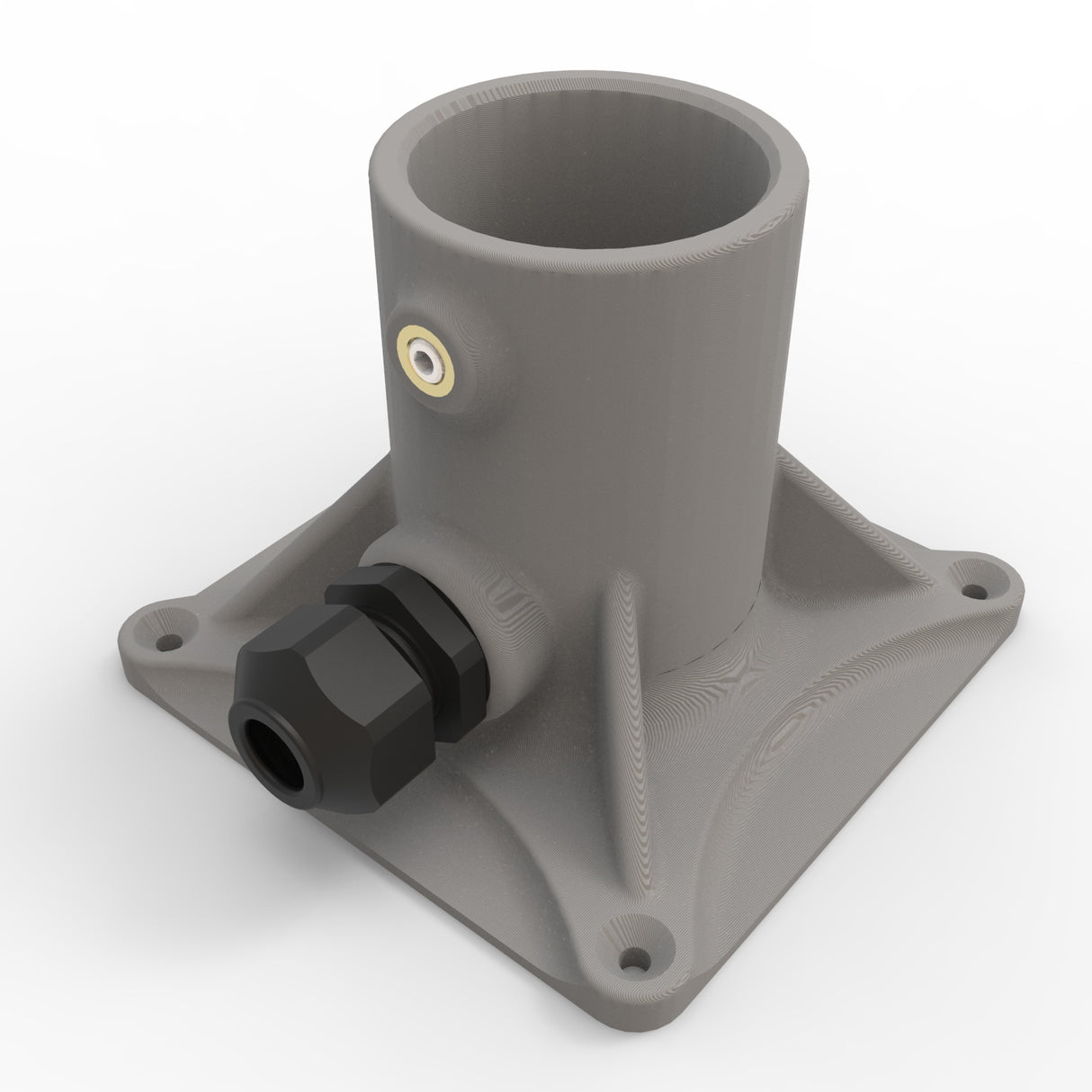 The Plastic Base for 1.50” Round Profiles is a gray cylindrical bracket with a square base, four screw holes, a side cable gland, and a metal insert above the gland, shown on a white background.