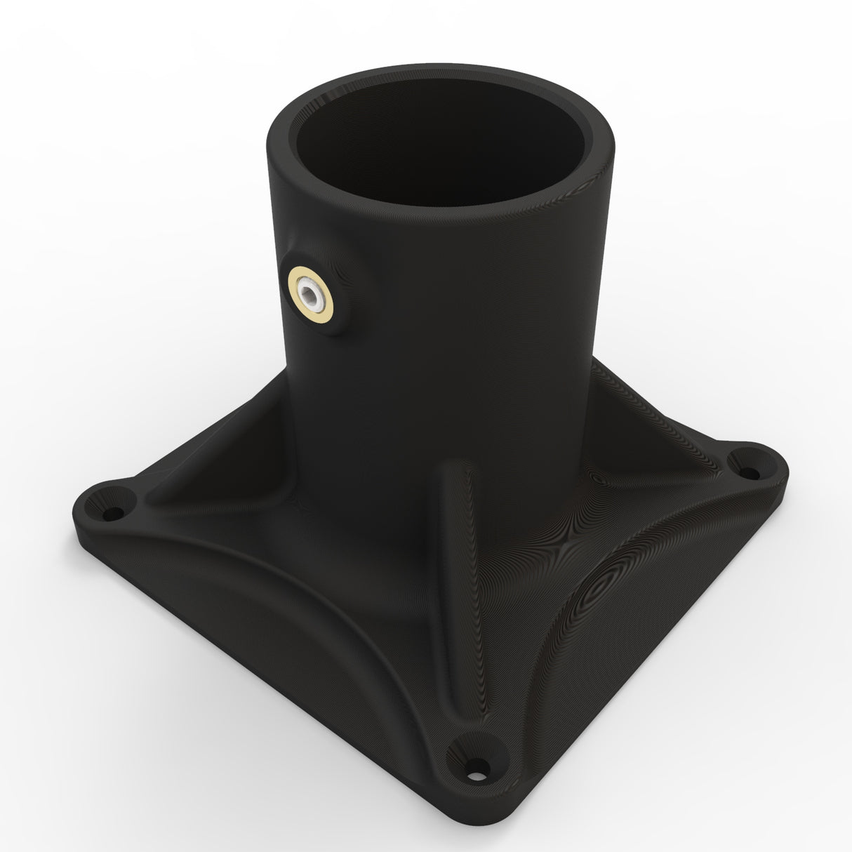 The Plastic Base for 1.50” Round Profiles is a black plastic tubular mount with a square plate, four corner screw holes, and a metallic side threaded insert on the round cylinder.