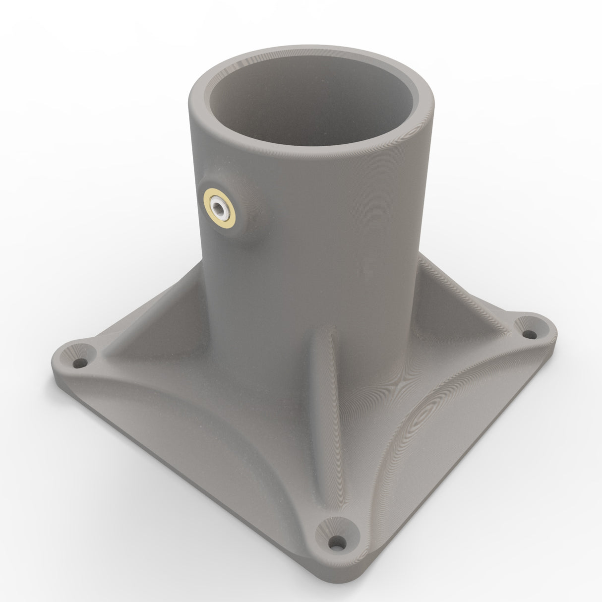 A 3D-rendered image of the Plastic Base for 1.50” Round Profiles shows a gray, plastic tubular mount with a square base for surface mounting, four corner holes, visible layer lines, and a metal insert on its side.