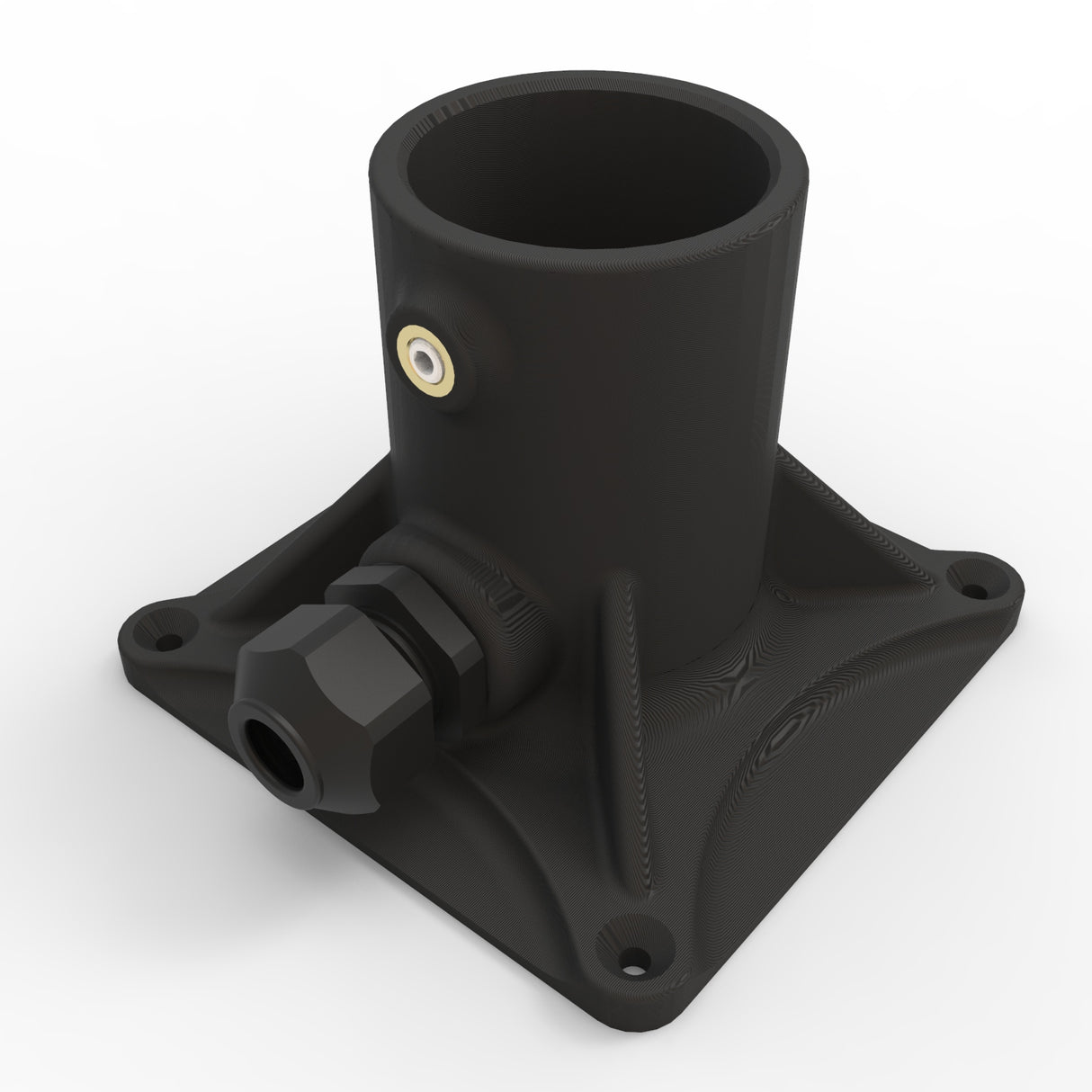 Plastic Base for 1.50” Round Profiles shown on a white background, featuring a black plastic square base with four screw holes, a tubular cylindrical holder, integrated cable gland, and small metal insert for secure surface mounting.