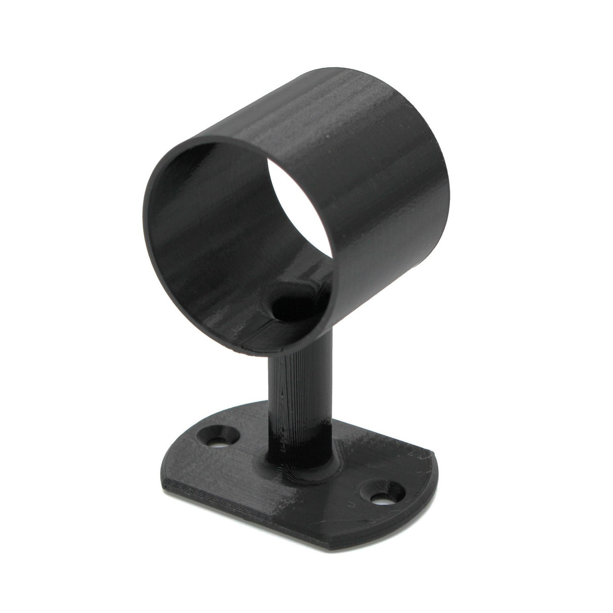 The Wired Post for 1.50 Round Profiles is a black metal cylindrical bracket with a base featuring two screw holes, designed to vertically hold rods, LED diffuser tubes, or poles. The open-ended cylinder fits 1.50 round profiles securely in place.