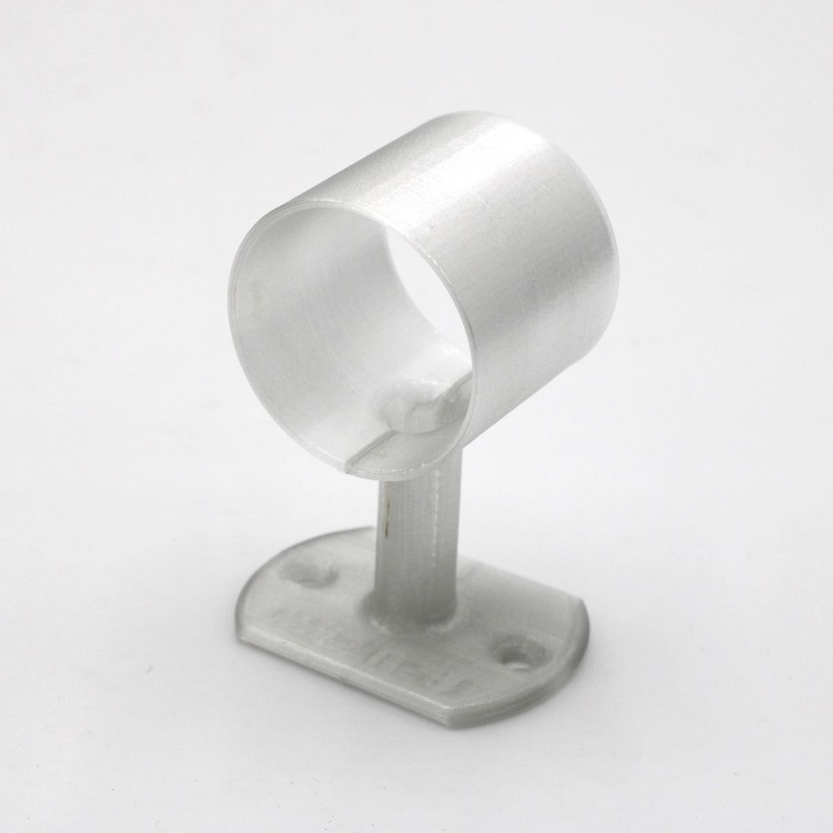 The Wired Post for 1.50 Round Profiles is a translucent, 3D-printed plastic bracket with a cylindrical holder for LED tubes on top, supported by a vertical post and a flat base with two screw holes for mounting.