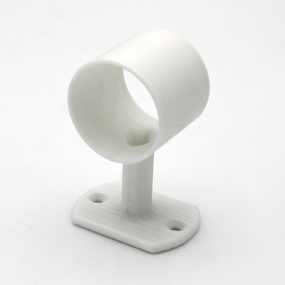 The Wired Post for 1.50 Round Profiles is a white plastic bracket with a cylindrical holder and flat base with two screw holes, designed to securely mount LED diffuser tubes onto surfaces.