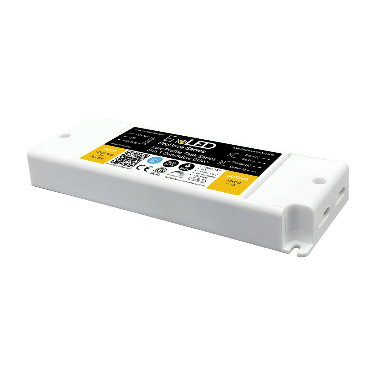 A rectangular white 5-in-1 Dimmable LED Driver (24V) from the EnoLED ProDrive Series features a black and yellow label with product info, QR codes, certification symbols, and mounting holes on both ends for easy installation.